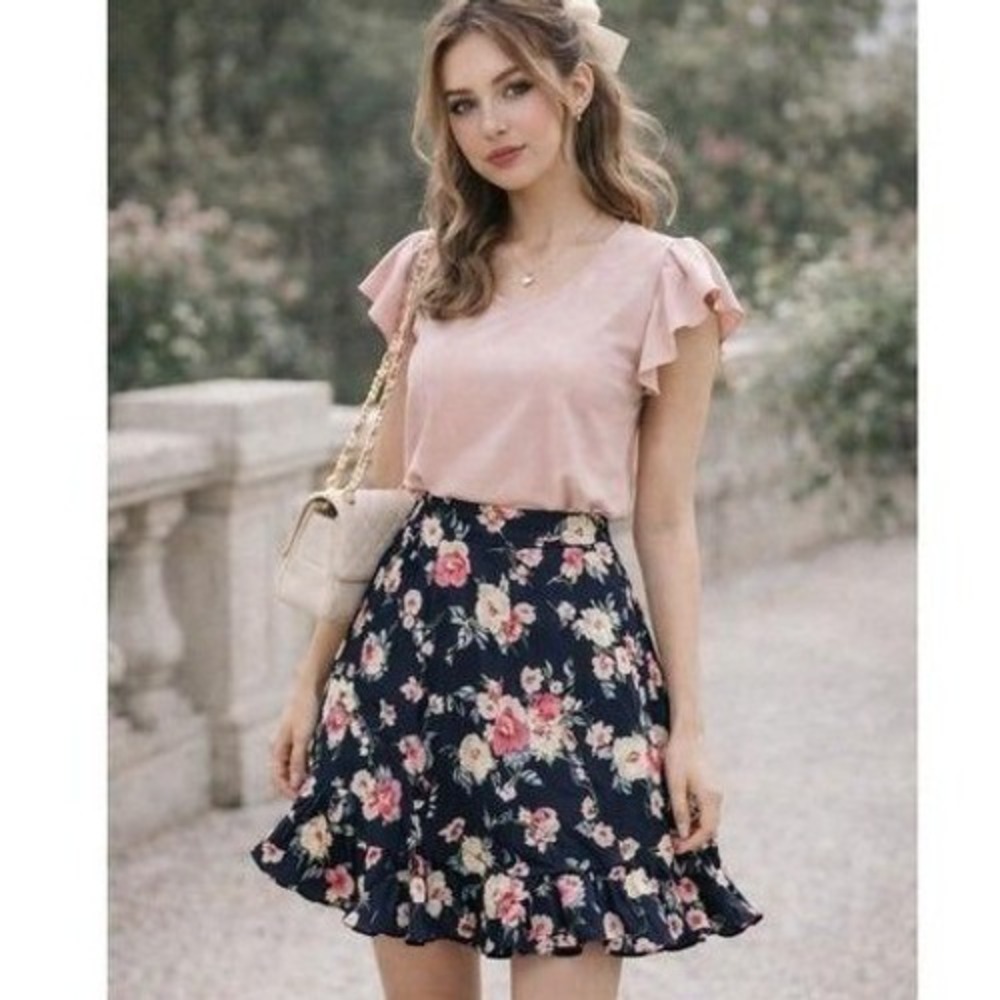 Chaps Floral Mini Skirt XL Navy Blue Chiffon Y2K Fairy Cottagecore Feminine